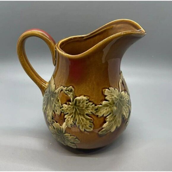 Vintage Majolica Leaf Pitcher Brown Green‎ Red Not Marked Early Mid Century - Picture 1 of 6
